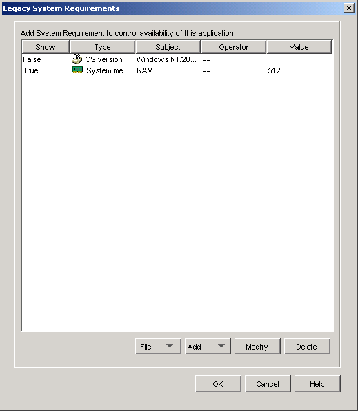 Application object Legacy System Requirements dialog box