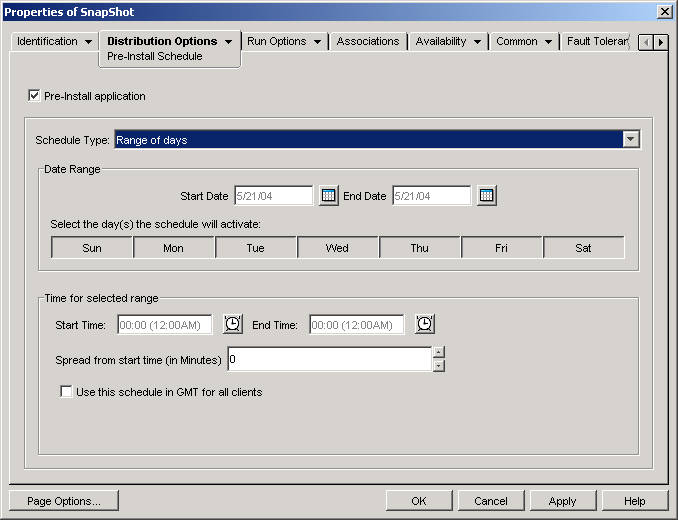 Application object Pre-Install page with Range of Days selected as the schedule type