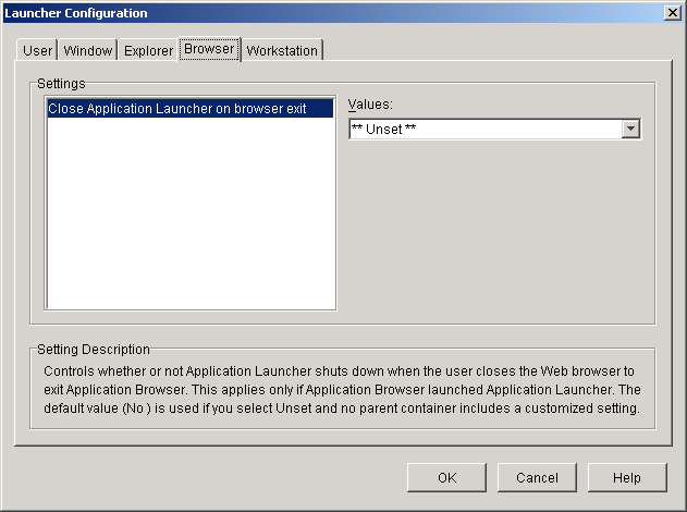 Launcher Configuration dialog box with the Browser tab displayed