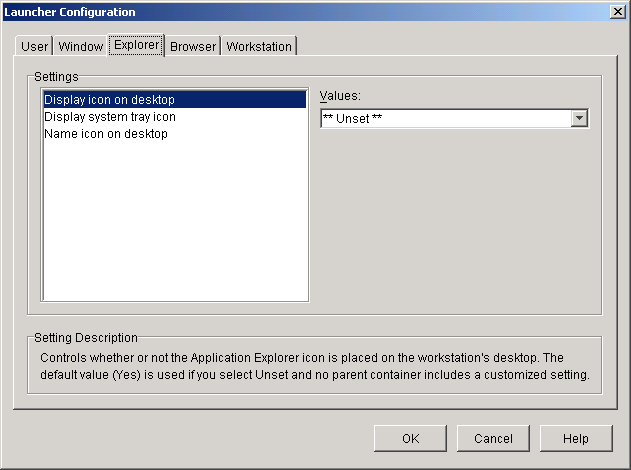 Launcher Configuration dialog box with the Explorer tab displayed
