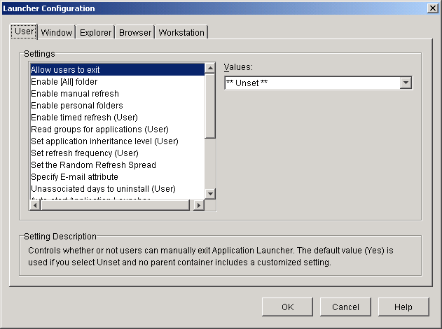 Launcher Configuration dialog box with the User tab displayed