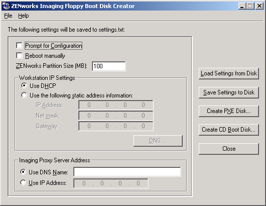 The ZENworks Imaging Floppy Boot Disk Creator dialog box.