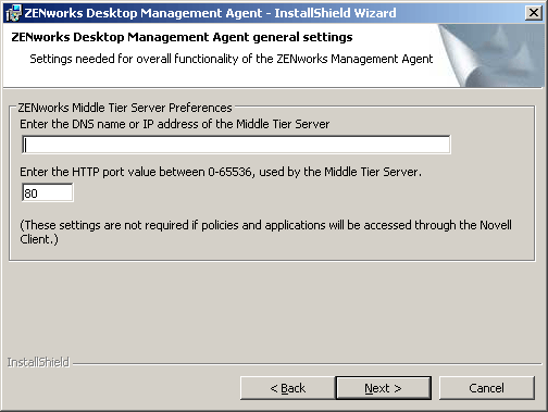 The General Settings page of the ZENworks Management Agent installation wizard.