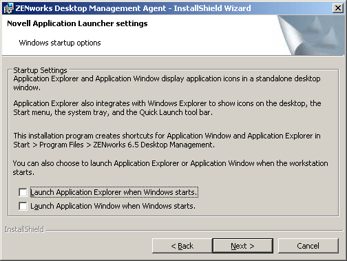 The Novell Application Launcher Settings/Windows Startup Options page of the ZENworks Desktop Management Agent Installation wizard.