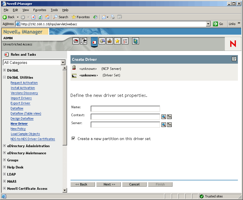The Create Driver Wizard opened on the main page of Novell iManager. 