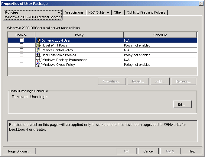 Win2000 Terminal Server Policies page on a User Package object