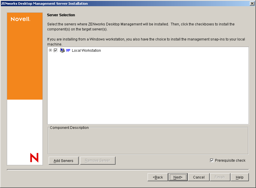 The Server Selection page of the ZENworks Desktop Management Server Installation Wizard.