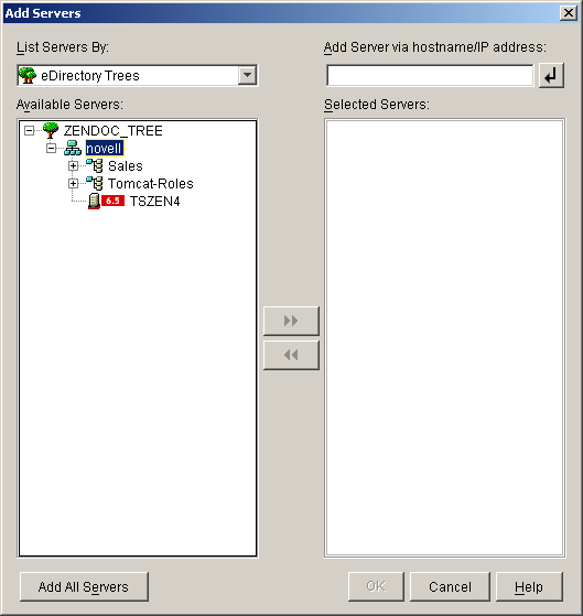 The Add Servers dialog box showing an eDirectory tree and its containers.