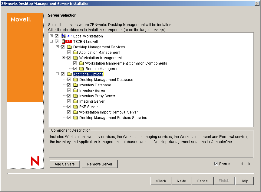 The Server Selection page of the ZENworks Desktop Management Services Installation Wizard. The available Desktop Management components are listed as installation options.