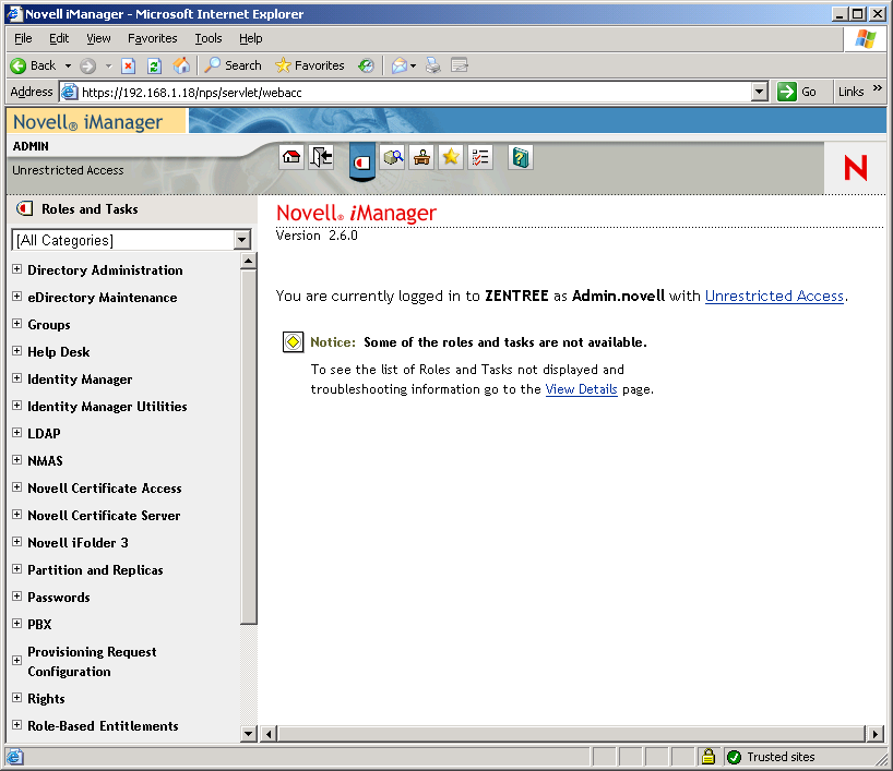 Novell iManager main page with the Roles and Tasks pane open.