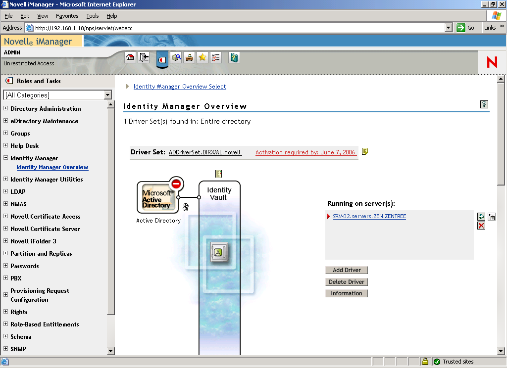 The Active Directory - eDirectory configuration page of the DirXML Overview utility in Novell iManager.