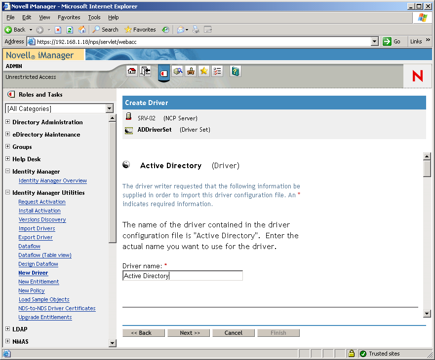 The Create Driver Wizard opened on the main page of Novell iManager. The Active Directory Driver Set page is opened.