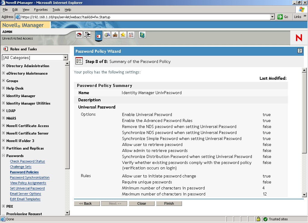 Step 8 page of the Password Policy Wizard with the Password Policy Summary displayed.