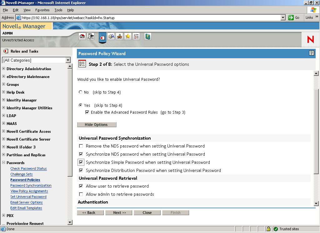 Step 2 page of the Password Policy Wizard with the password synchronization options displayed.