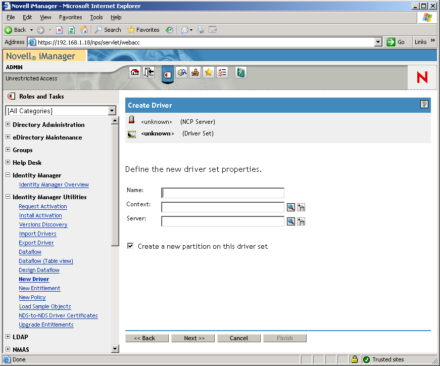 The Create Driver Wizard opened on the main page of Novell iManager. 
