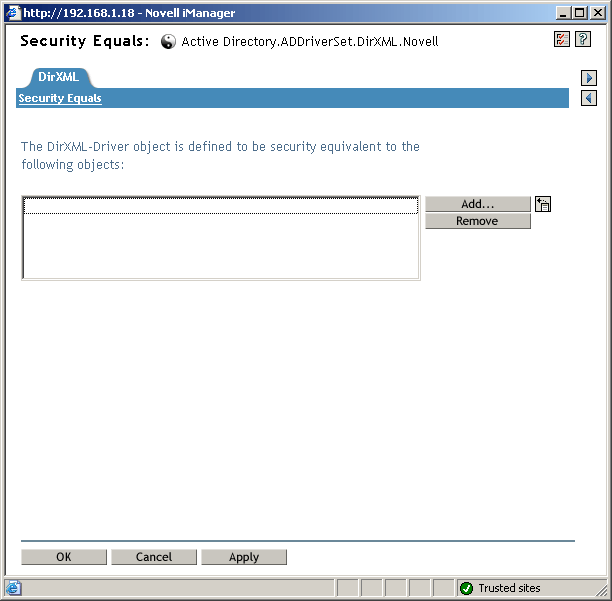 The Security Equals window of the Create Driver Wizard.