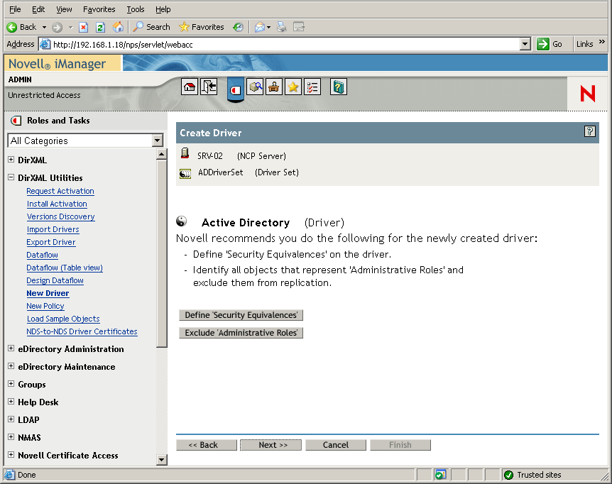 The Create Driver Wizard opened on the main page of Novell iManager. The Security Equivalences page is opened.