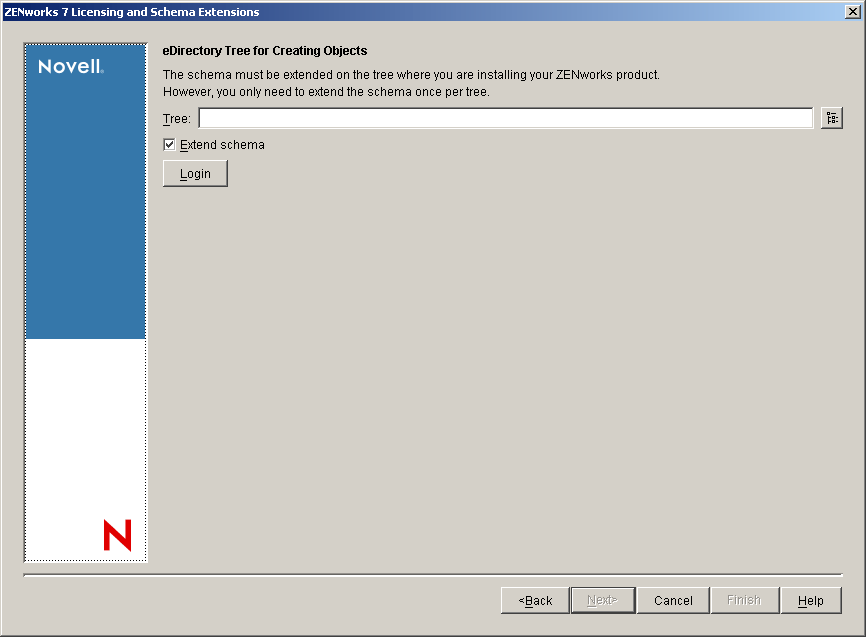 The eDirectory Tree for Creating Objects page of the Schema Extension and Product Licensing wizard.