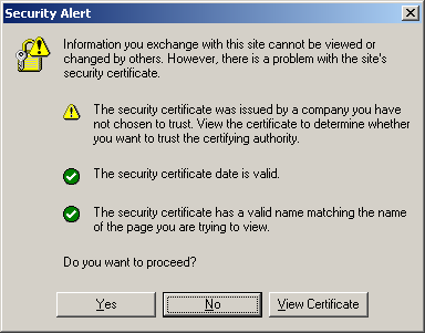 Security Alert dialog box showing a warning status