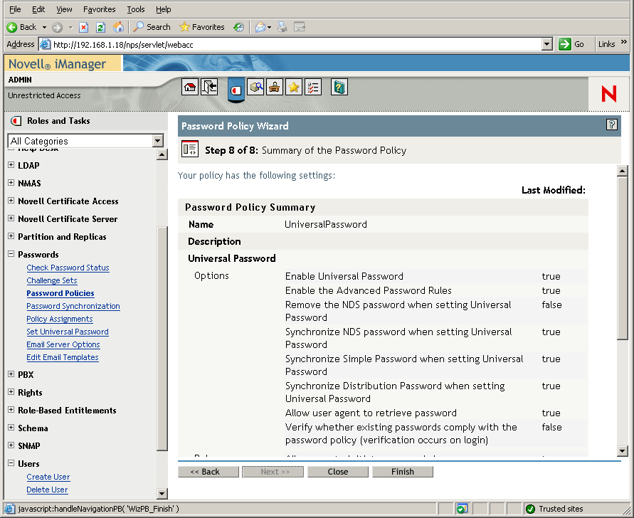 Step 8 page of the Password Policy Wizard with the Password Policy Summary displayed.