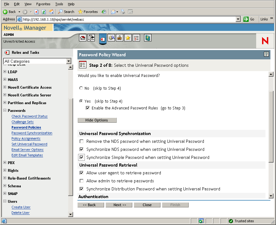 Step 2 page of the Password Policy Wizard with the password synchronization options displayed.