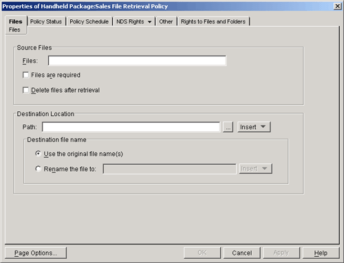 Properties of Handheld Package: File Retrieval Policy dialog box with the Files page displayed