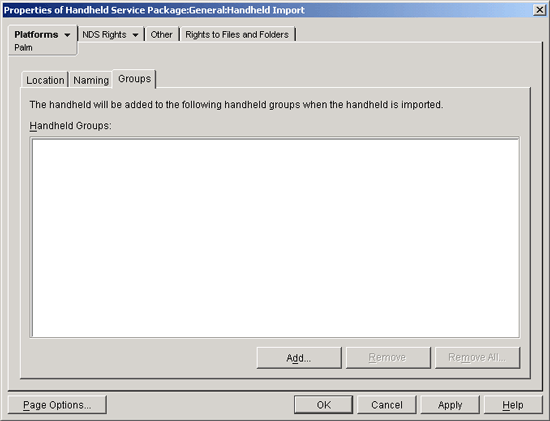 Properties of Handheld Service Package dialog box with the Groups page displayed