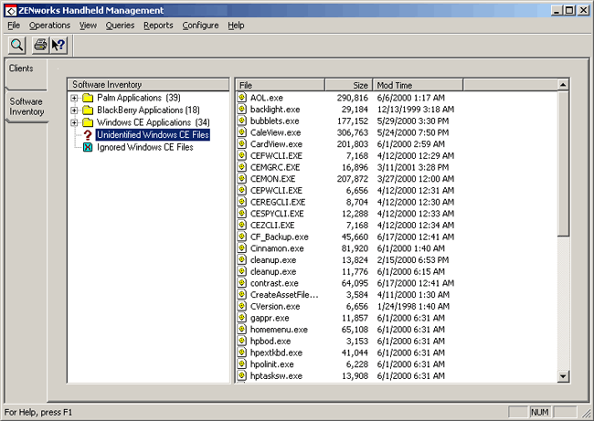 Software Inventory page with the Unidentified Windows CE Files icon highlighted