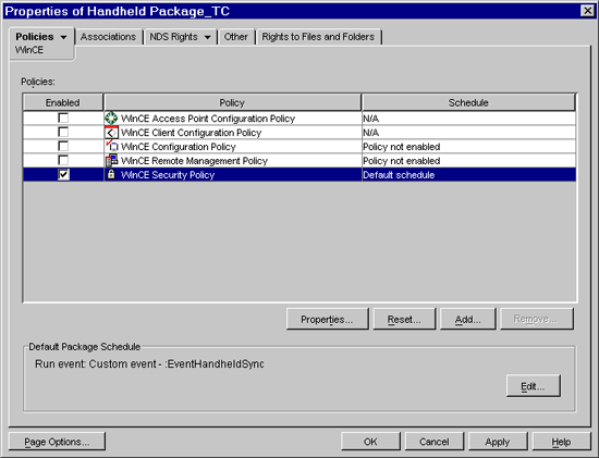Windows CE Security policy selection page