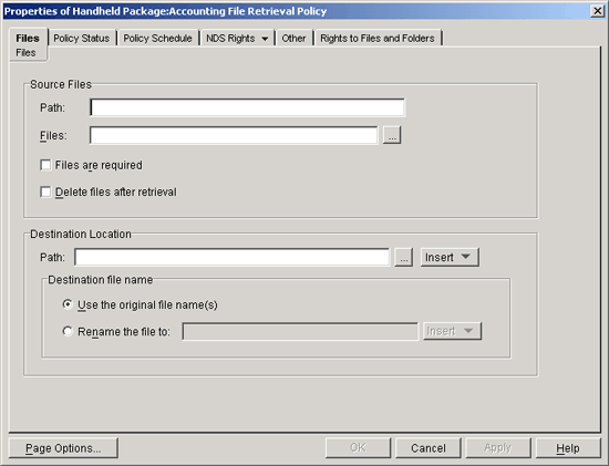 Properties of Handheld Package: File Retrieval Policy dialog box with the Files page displayed