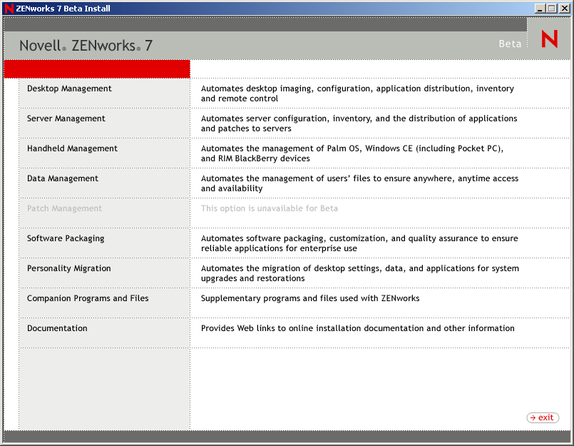 Description: ZENworks Install screen.
