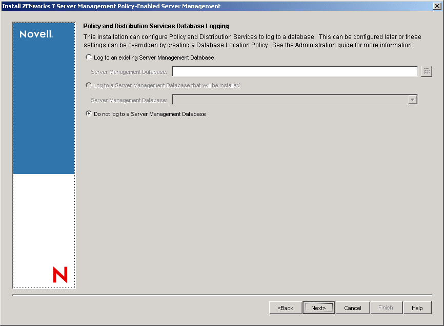 Policy and Distribution Services Database Logging page