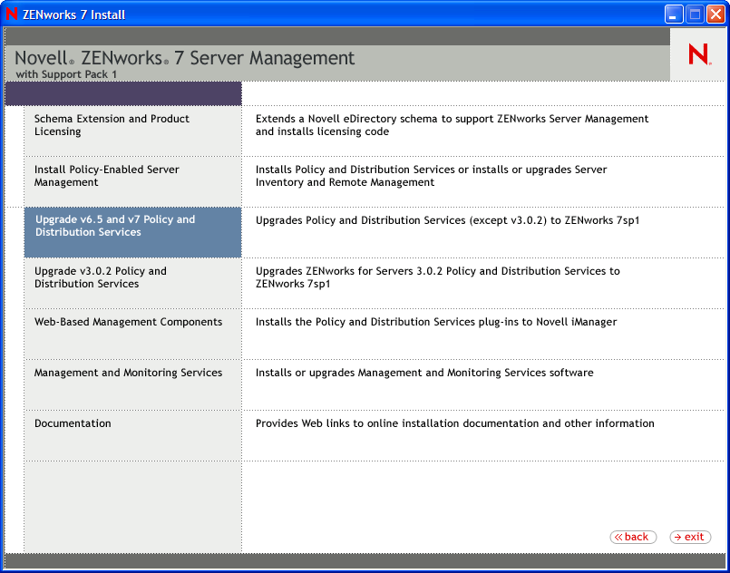 Support Pack Upgrade Wizard Server Management menu page with the Policy-Enabled Server Management option selected.