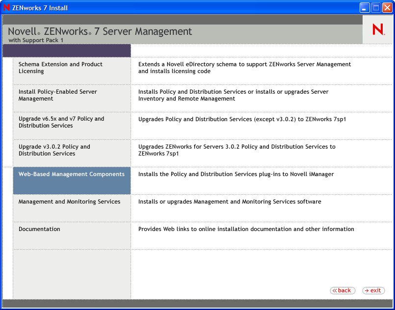 Support Pack Upgrade Wizard Server Management menu page with the Web-Based Management Components option selected.
