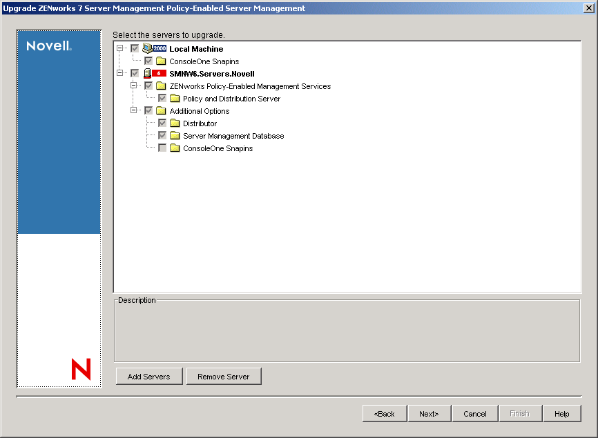 Support Pack Upgrade Server Selection page with servers selected and tree structure expanded showing the check boxes.