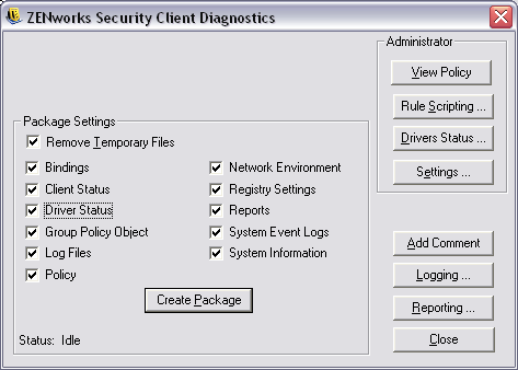 Endpoint Security Client DIagnostics screen
