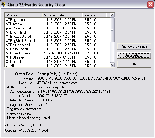 Endpoint Security Client About screen