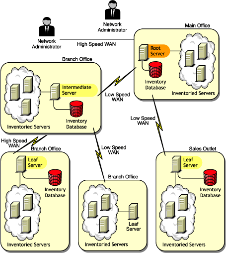 Two branch offices with Leaf Servers, a branch office with an Intermediate Server with Database at the next level, and a sales outlet that directly rolls up data to the main office.