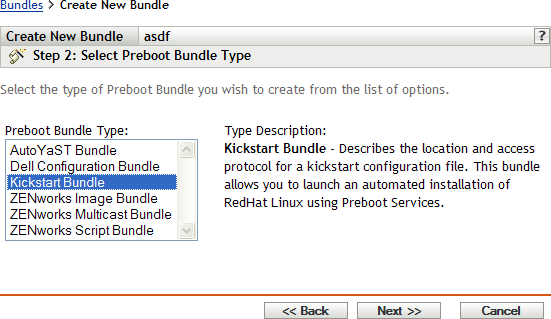 Step 2 page for creating a new bundle: Select Preboot Bundle Type