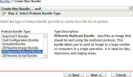 Step 2 for creating a new bundle: Select Preboot Bundle Type