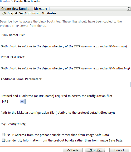 Step 4 page for creating a new bundle: Set Autoinstall Attributes (Linux Kernel File and Initial RAM Drive fields)
