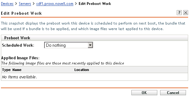 Edit Preboot Work page with Do Nothing option selected in the Scheduled Work field (Applied Image Files field also displayed)