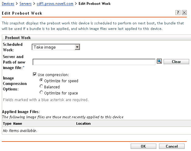 Edit Preboot Work page with Take Image option selected in the Scheduled Work field (Server and Path to New Image, Image Compression Options, and Applied Image Files fields also displayed)
