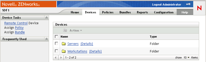 Devices tab, showing the Servers and Workstations folders