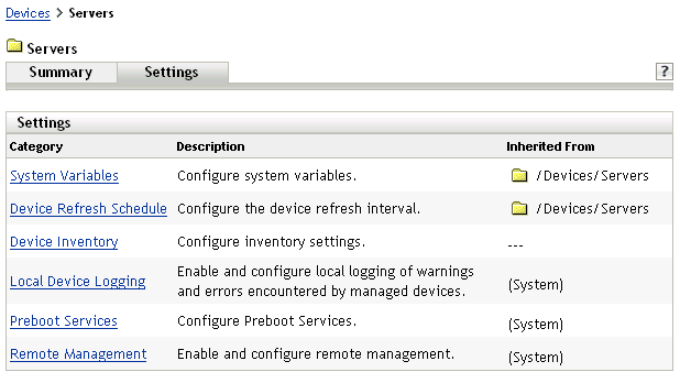 Settings tab for the Servers folder