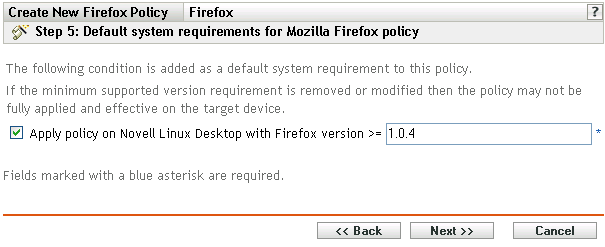 Default System Requirements for Mozilla Firefox Policy page