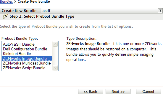 Step 2 page for creating a new bundle: Select Preboot Bundle Type