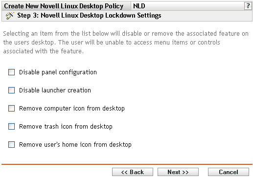 Novell Linux Desktop Lockdown Settings page