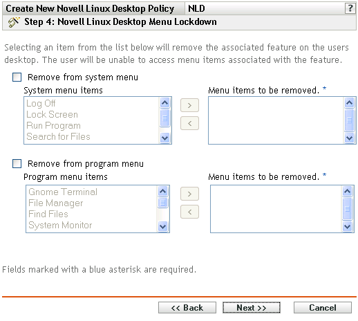 Novell Linux Desktop Menu Lockdown page