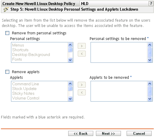 Novell Linux Desktop Personal Settings and Applets Lockdown page